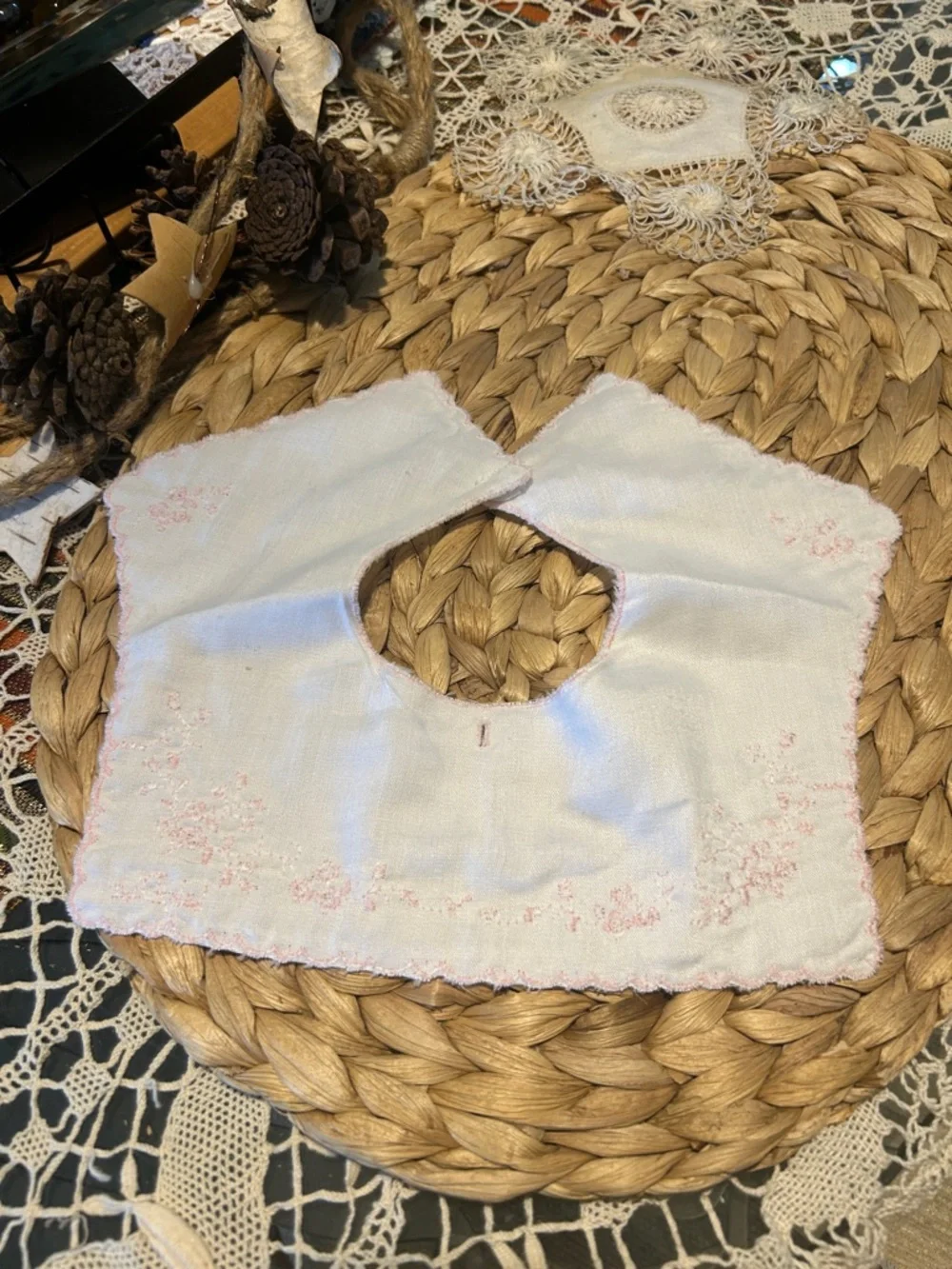 Vintage Handmade White Baby Bib with Pink Embroidery